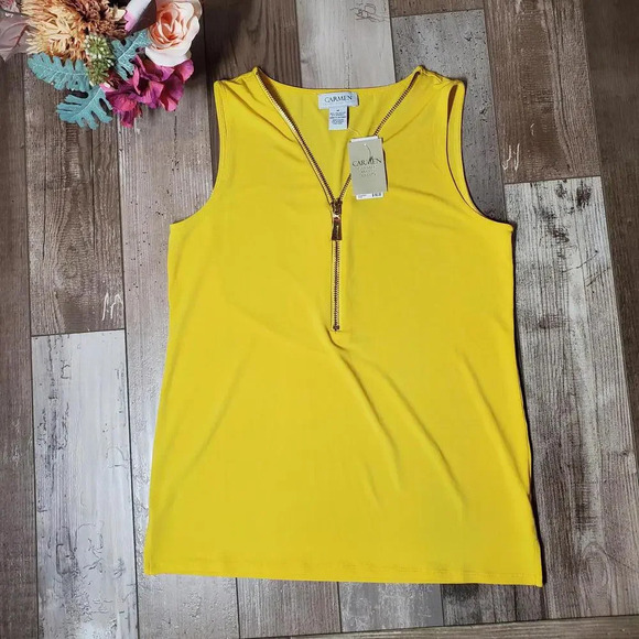 NWT Carmen Marc Valvo Sleeveless Front-Zip Top Yellow Size Medium - Picture 10 of 15